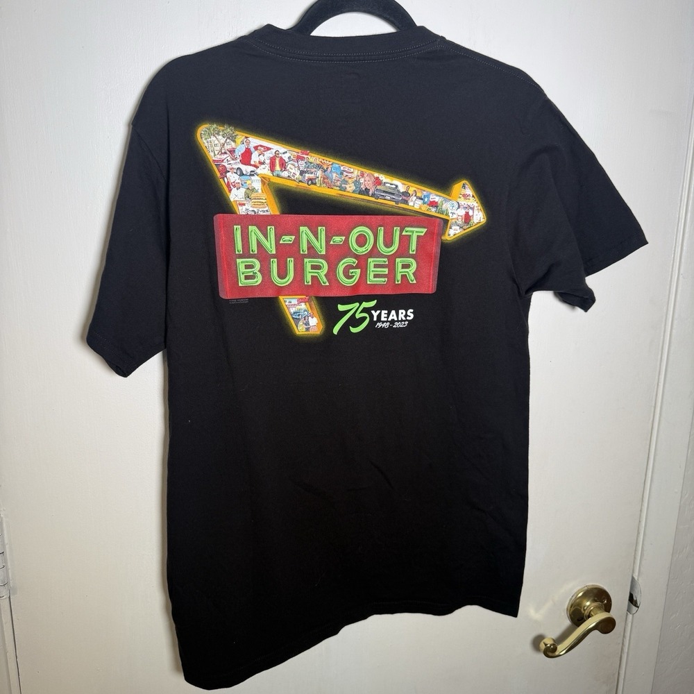 In-N-Out Burger T Shirt Mens Medium Black 75 Years 1948-2023 Graphic Tee